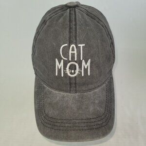 Cat Mom Hat Cap Womens Grey‎ Distressed Adjustable Strapback Cotton Ballcap